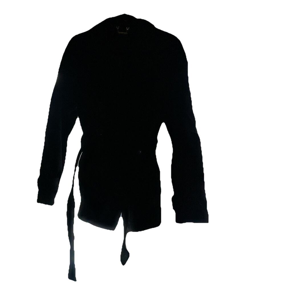 Jou Jou Womens Black Notch Lapel Casual Open Front Belted Peacoat Jacket L